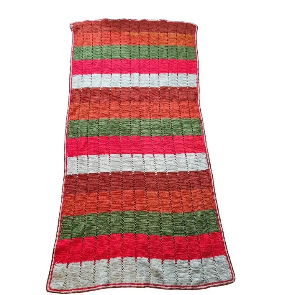 Handmade Autumn Colors Crocheted Lap Blanket 6' X 3'‎ Orange Red Green Throw